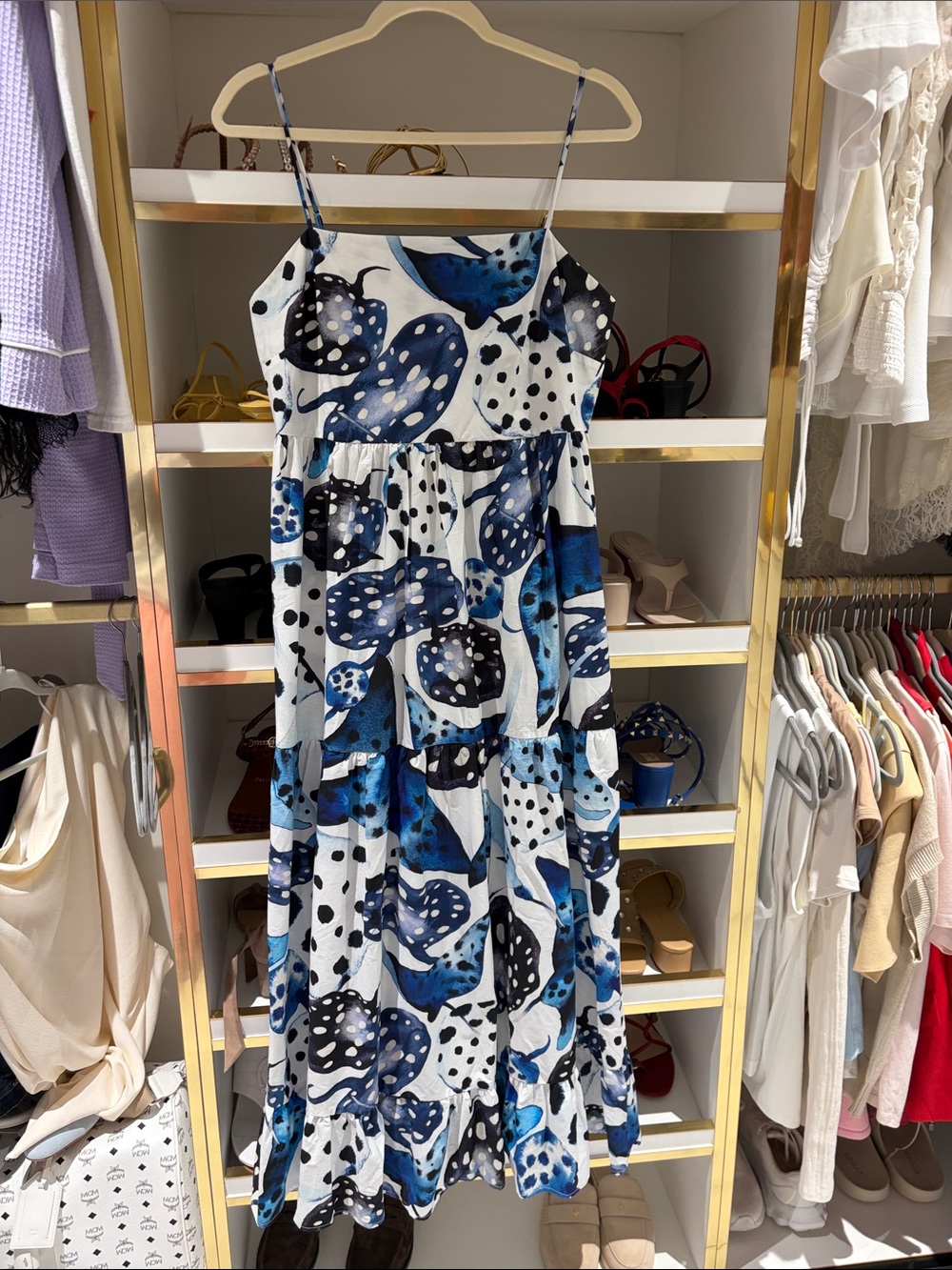 Spaghetti Strap Tiered Maxi Dress in Blue Abstract Print